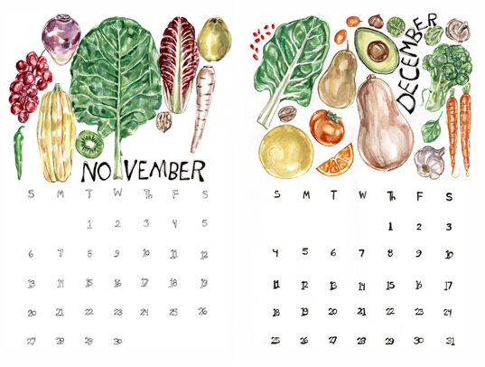 sustainable design, green design, eat local calendar, california produce calendar, Maria Schoettler, san francisco bay area produce, 2011 kitchen calendar, sustainable graphics, green graphics