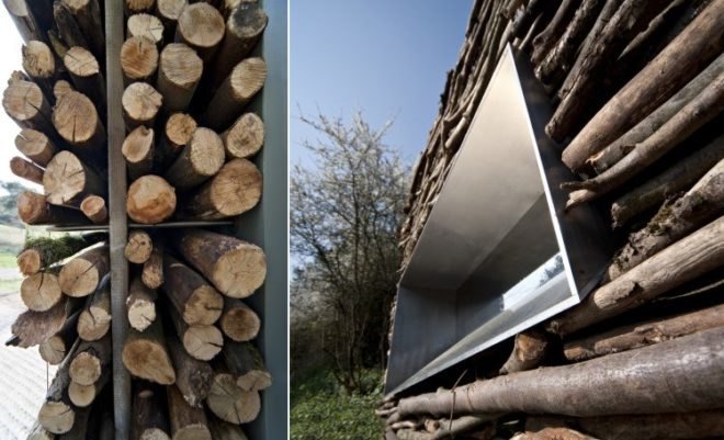 Green restroom, public restroom, log facade, stick facade, golf Lauterhofen, Berschneider + Berschneider, german green building, german log design, natural materials facade