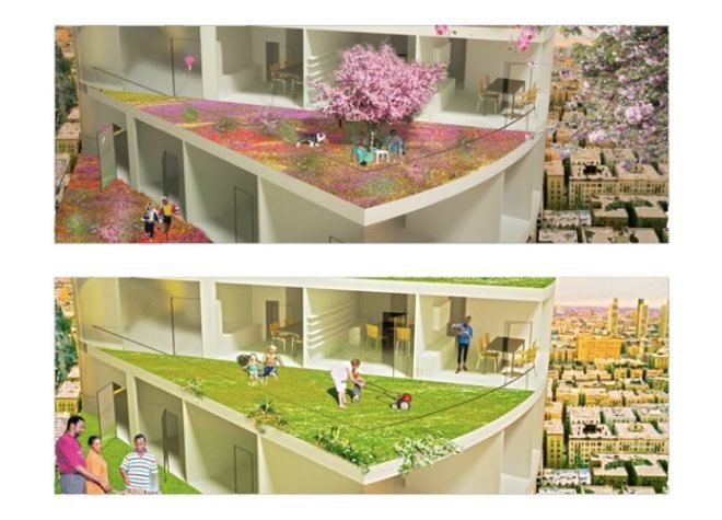 tiered apartment design, Nabito Architects, stairscraper tower, green apartment building, urban density, rooftop garden,
