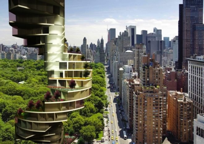 tiered apartment design, Nabito Architects, stairscraper tower, green apartment building, urban density, rooftop garden,