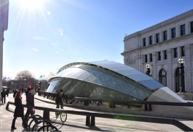 green commute options, Washington bike transportation, Union station bike, bike station, urban bike center, fritted glass, articulated glass, Bike Washington DC, urban biking station, urban bike commute, green pavilion, natural cooling, bike storage, bike changing room, urban bike commute