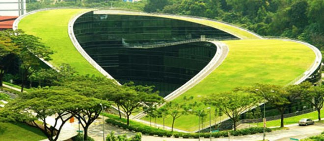 Green roof, greenroof, green roofs, on top of Singapore School of Art and Technology, School of Art, Design and Media at Nanyang Technological University in Singapore