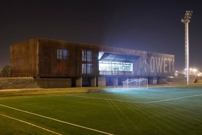 soweto, football training centre, south africa, rufproject, solar passive design, wooden louvers