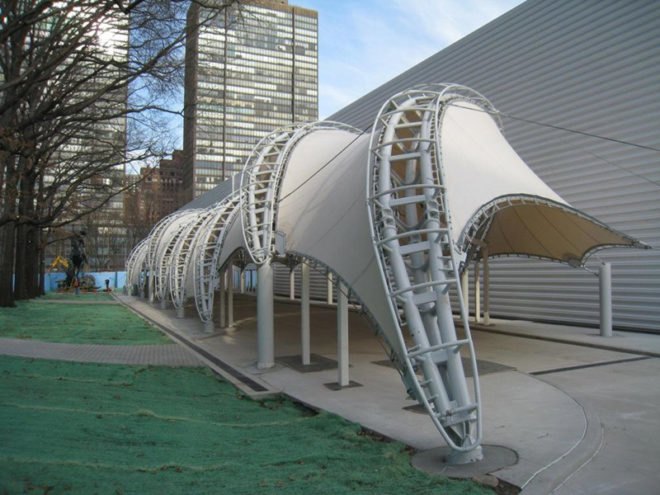 UN, Porte Cochere, united nations, FTL Design Engineering Studio, ftl, Gold Smith, Ashish Soni, Matthew Hilyard, Eric Smith, Joe Schedlbauer, Amedeo Perlas, HLW International, Michael Tegnell, Michael Barrett, UN Interim Canopy , temporary structure, eco architecture, green architecture, green design, pop up pavilion, pop up tent, pop up structure, prefab architecture, prefabricated architecture