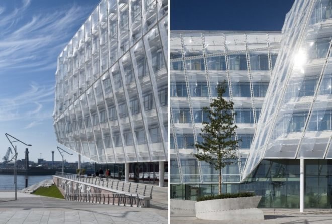 Behnisch Architects, chilled concrete floor, ETFE skin, german green building, hafencity, Unilever Headquarters
