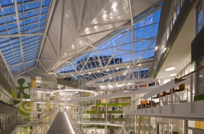 Behnisch Architects, chilled concrete floor, ETFE skin, german green building, hafencity, Unilever Headquarters