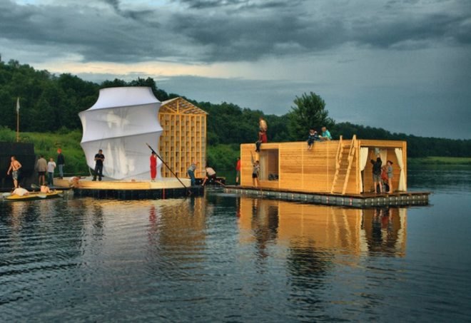 Russian festival, floating Finnish sauna, Festival of Landscape Objects, Sauna, tree on roof, floating house, floating houses, green sauna, Rintala Eggertsson Architects