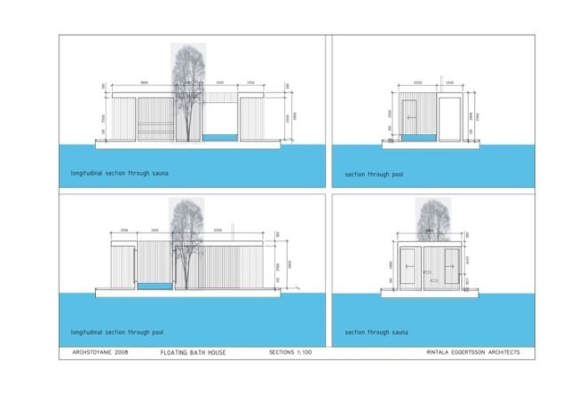 Russian festival, floating Finnish sauna, Festival of Landscape Objects, Sauna, tree on roof, floating house, floating houses, green sauna, Rintala Eggertsson Architects