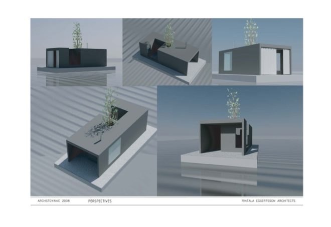 Russian festival, floating Finnish sauna, Festival of Landscape Objects, Sauna, tree on roof, floating house, floating houses, green sauna, Rintala Eggertsson Architects