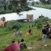 Russian festival, floating Finnish sauna, Festival of Landscape Objects, Sauna, tree on roof, floating house, floating houses, green sauna, Rintala Eggertsson Architects
