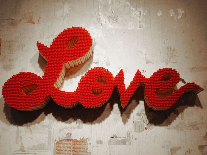 pei san ng, love sign, recycled materials, recycled love sign, sign made of matches, matchstick love sign, eco art green design, eco design, reclaimed materials, green art