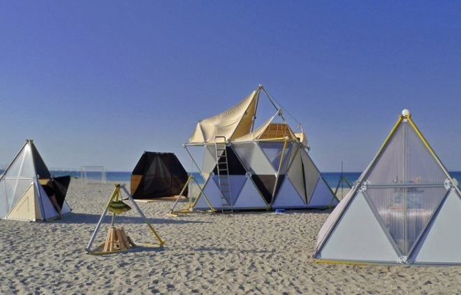 portable party venue, chillout colony, Y-bio, stellated octahedron, Sierpinski triangle, extended octahedron, stellated octahedron