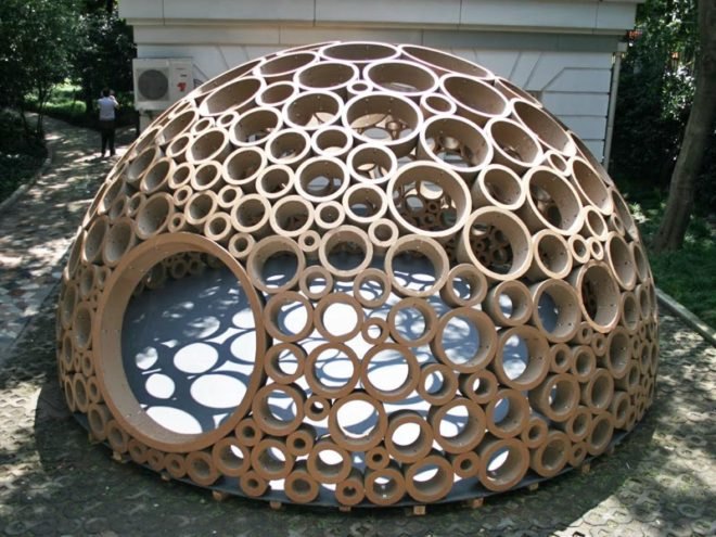 packed pavilion, sustainable design, green design, min-chieh chen, dominik zausinger, michele leidi, green architecture, cardboard pavilion, circular cardboard igloo, CAD cardboard structure