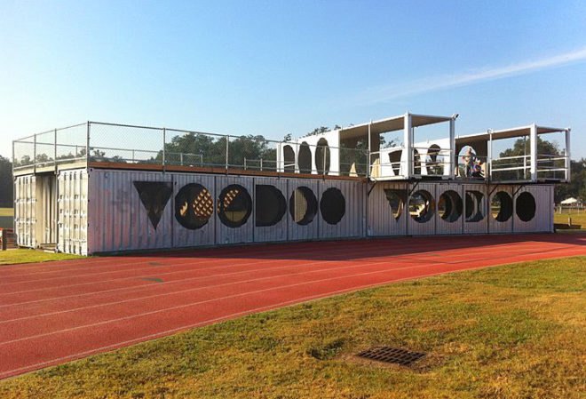 shipping container, shipping container architecture, prefab architecture, green architecture, eco architecture, green design, stefan beese, rebe, re be design, container, voodoo festival, Voodoo Music and Art Festival, re:be design, recycled design, eco design, container viewing deck, cargotecture