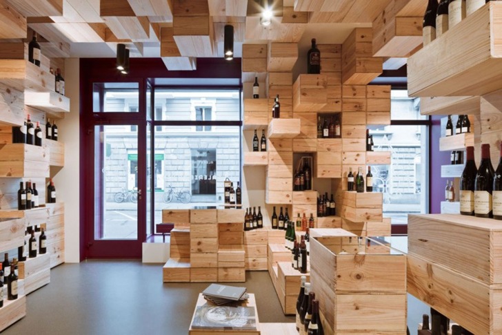 Albert Reichmuth, green interior, green interior design, green wine store, recycled interior, recycled store, recycled wine boxes, Swiss green store, Wine Store