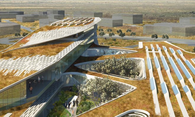 Botswana Innovation Hub, green roof, shop architects, botswana, green building, high tech campus