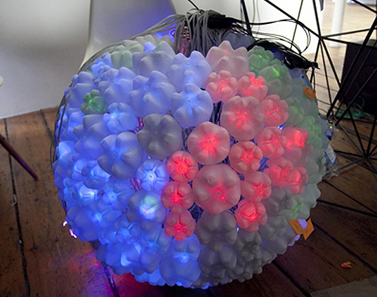 Sarah Turner, eco light installation, plastic bottle lamps, recycled plastic bottles, Plastic Vortex, LED lamps, green lamps, Twitter Ball, recycled plasti bottle lamp, sustainable lamps, sustainable furniture, green furniture, LED installations, LED art