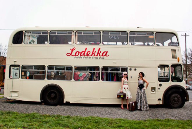 lodekka, vintage shop, green design, eco design, double decker bus, double decker, Double Decker Bus Transformed into a Vintage Boutique, vintage store, bus vintage shop, leela cyd ross, Erin Sutherland, creative reuse, adaptive reuse, recycled materials, eco architecture, green architecture, green store, 1965 Bristol Lodekka, vintage bus store, sustainable design