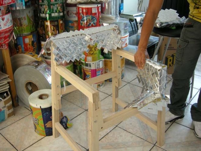 godoy lab, green furniture, snowjob chair, recycled candy wrapper designs, recycled materials, recycled furniture, handmade modern furniture, sustainable furniture, fsc certified wood