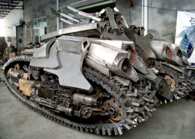 Jiang Chen, Yang Junlin, chinese designers, wing wah metal crafts factory, transformers megatron tank, megatron tank, scrap metals, recycled materials