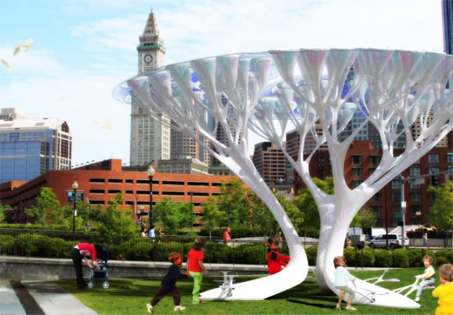 Biomimicry, de-carbonization, air cleaning, air purification, kinetic energy, TREEPODS, Cristian Canonico, Mario Caceres, Boston, Dr. Klaus Lackner, solar energy, sustainable design, green urban design