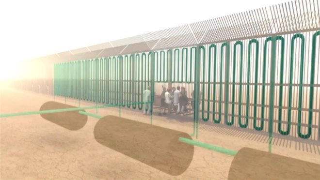 border burrito stand,Social design, Ronald Rael, Rael San Fratello Architects,desert water catchment, water treatment plant, border security, US border fence costs, tax desert solar array, US mexico border fence, green border, border crossing, solar thermal, solar electric field,