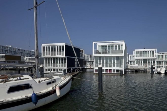 panelized home, modern house boat, floating neighborhood, Netherlands green building, Marlies Rohmer, Dutch green homes, houseboats niehgborhood, floating homes, prefab house, eco neighborhood,green neighborhood, adaptive home design