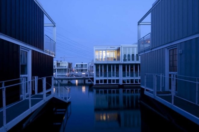 panelized home, modern house boat, floating neighborhood, Netherlands green building, Marlies Rohmer, Dutch green homes, houseboats niehgborhood, floating homes, prefab house, eco neighborhood,green neighborhood, adaptive home design