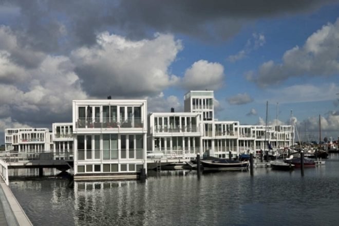 panelized home, modern house boat, floating neighborhood, Netherlands green building, Marlies Rohmer, Dutch green homes, houseboats niehgborhood, floating homes, prefab house, eco neighborhood,green neighborhood, adaptive home design