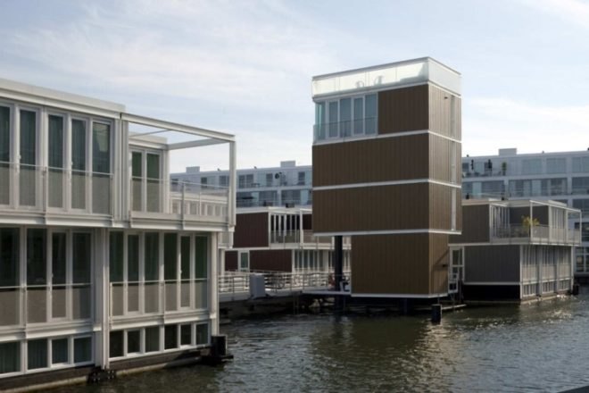 panelized home, modern house boat, floating neighborhood, Netherlands green building, Marlies Rohmer, Dutch green homes, houseboats niehgborhood, floating homes, prefab house, eco neighborhood,green neighborhood, adaptive home design