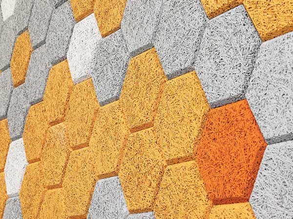 form us with love, sustainable design, green design, hexagonal wall tiles, wood wool, wood slivers, green interiors, green materials, excelsior