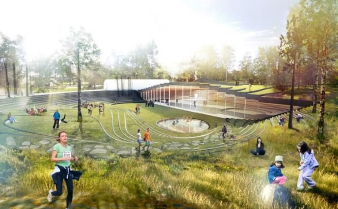Ice Hockey Rink, Umea, Sweden, green roof, park, BIG, green design, sustainable architecture