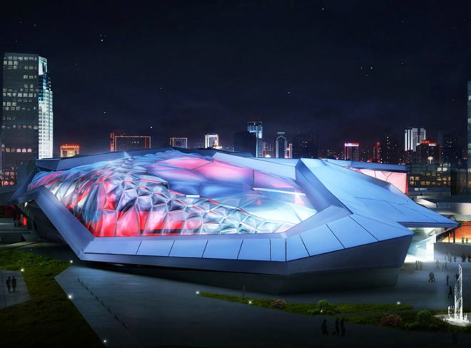 asia, china, sports, athletic, taekwondo, arena, sports center, tom wiscombe, emergent, shenyang, etfe, swimming, solar energy, green design, biomimicry, solar panels