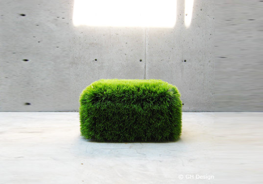 Nancy Favier, grass ottoman, green ottoman, grass furniture, living furniture, plant furniture, eco furniture, sustainable furniture, green products, grass chair, living chair, grass seat, living seat, gh design