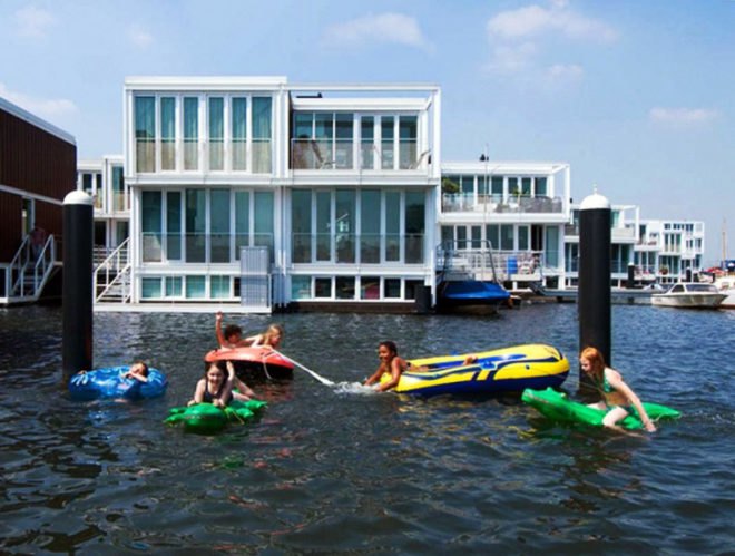 panelized home, modern house boat, floating neighborhood, Netherlands green building, Marlies Rohmer, Dutch green homes, houseboats niehgborhood, floating homes, prefab house, eco neighborhood,green neighborhood, adaptive home design