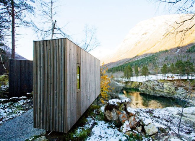 eco-architecture, Norway, Knut Slinning, Jensen & Skodvin, eco-tourism, eco-hotel, boutique hotel, nature, national tourist route, pine, stilts, cabins