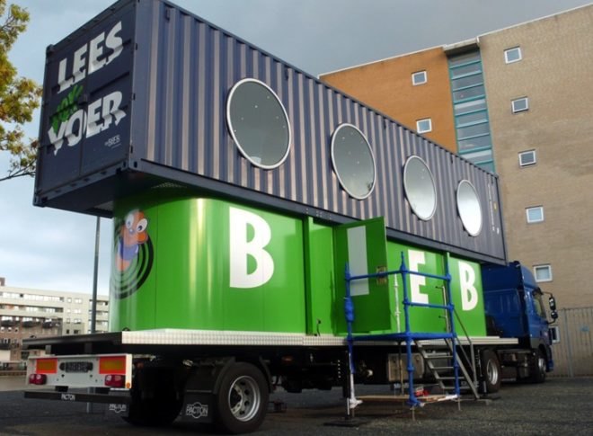 Jord den Hollander, shipping container design, childrens green library, dutch green library, mobile library, green library, prefab building, container building, Dutch library,