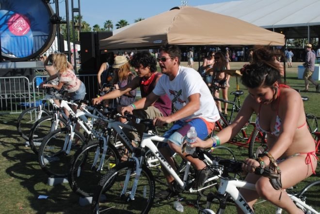 Coachella, Coachella 2011, Coachella 2011 sustainability, Coachella sustainability, green DJ booth, human powered DJ, bicycle generator, seesaw generator, handcrank generator, swing generator,
