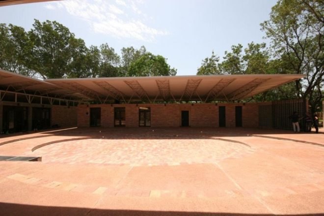Mali green building, Africa green building, africa modern building, natural cooling, Francis Kere, Eco sports complex, green restaurant, urban green belt, local materials, building shading roof