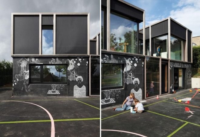 solar electric passivhaus, green home, passivhaus passive solar,eco design, kid friendly home, Belgium passivhaus, Belgium Passive House, BLAS passivhaus, chaulk board facade, fabric facade, passive solar, thermal mass,