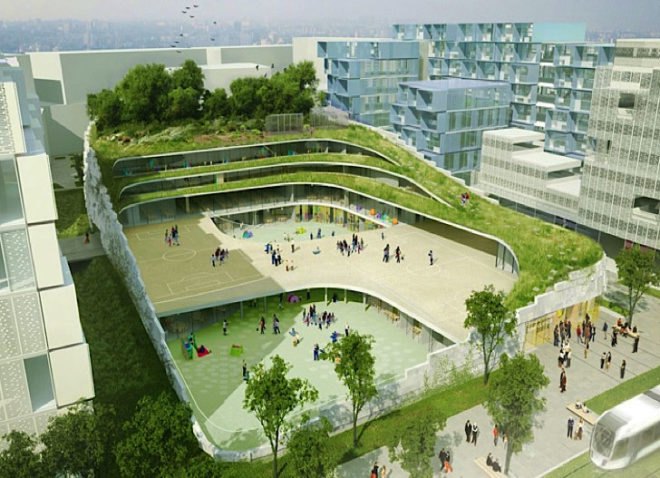 Former Renault factory Turned Into Green-Roofed School, eco-building, green building, green design, eco-design, sustainable design, green roof, ecosystem, Renault, France, Chartier Dalix,green architecture, school, native plants, fauna, living envelope