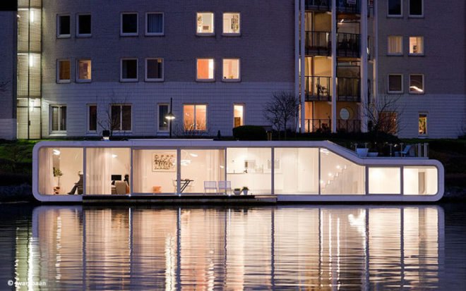 architecture Amsterdam, houseboats, riverboats, water homes, water living, +31 Architects, the Watervilla de Omval, architecture Amstel River, low-profile construction, green architecture, green design