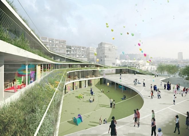 Former Renault factory Turned Into Green-Roofed School, eco-building, green building, green design, eco-design, sustainable design, green roof, ecosystem, Renault, France, Chartier Dalix,green architecture, school, native plants, fauna, living envelope