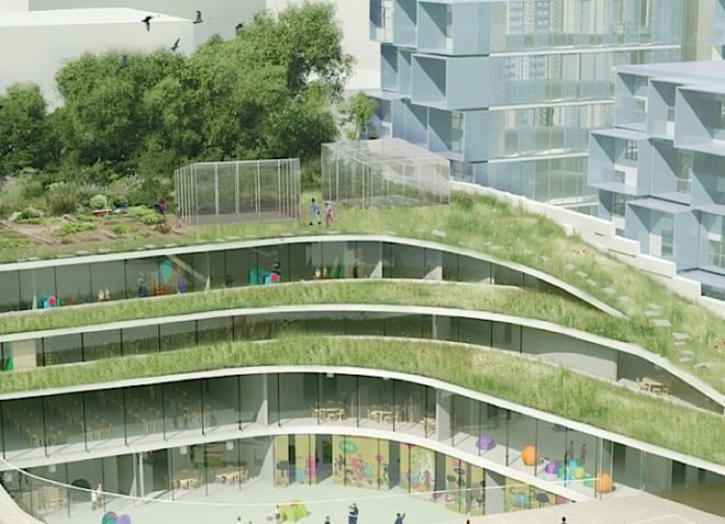 Former Renault factory Turned Into Green-Roofed School, eco-building, green building, green design, eco-design, sustainable design, green roof, ecosystem, Renault, France, Chartier Dalix,green architecture, school, native plants, fauna, living envelope
