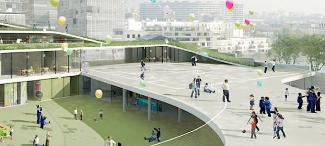 Former Renault factory Turned Into Green-Roofed School, eco-building, green building, green design, eco-design, sustainable design, green roof, ecosystem, Renault, France, Chartier Dalix,green architecture, school, native plants, fauna, living envelope