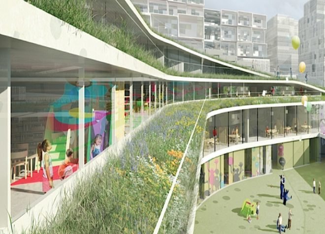 Former Renault factory Turned Into Green-Roofed School, eco-building, green building, green design, eco-design, sustainable design, green roof, ecosystem, Renault, France, Chartier Dalix,green architecture, school, native plants, fauna, living envelope