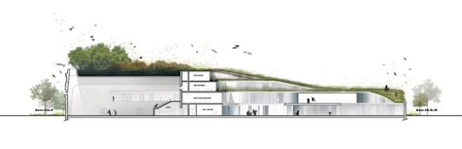 Former Renault factory Turned Into Green-Roofed School, eco-building, green building, green design, eco-design, sustainable design, green roof, ecosystem, Renault, France, Chartier Dalix,green architecture, school, native plants, fauna, living envelope