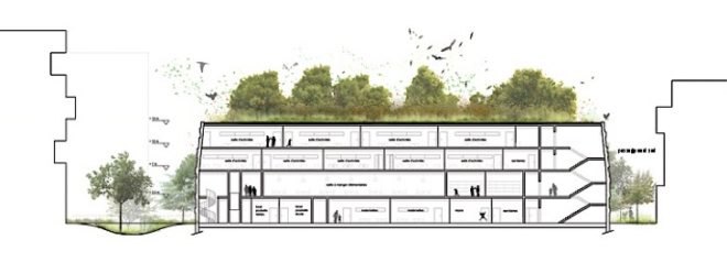 Former Renault factory Turned Into Green-Roofed School, eco-building, green building, green design, eco-design, sustainable design, green roof, ecosystem, Renault, France, Chartier Dalix,green architecture, school, native plants, fauna, living envelope