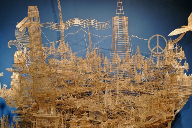 Scott Weaver Toothpick San Francisco, scott weaver, exploratorium, rolling through the bay, san francisco, toothpick replica of san francisco, toothpick sculpture of san francisco, toothpick art, toothpick sculpture, green design, eco design, sustainable design, green art, eco art, sustainable art, recycled design
