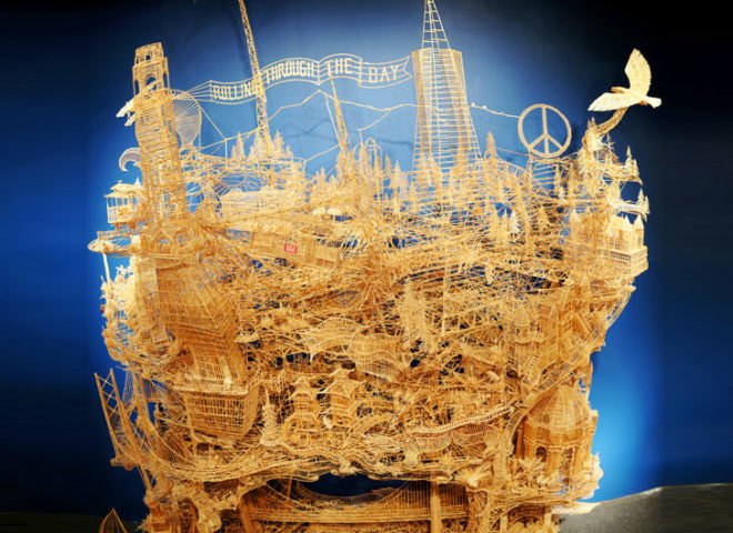 Scott Weaver Toothpick San Francisco, scott weaver, exploratorium, rolling through the bay, san francisco, toothpick replica of san francisco, toothpick sculpture of san francisco, toothpick art, toothpick sculpture, green design, eco design, sustainable design, green art, eco art, sustainable art, recycled design